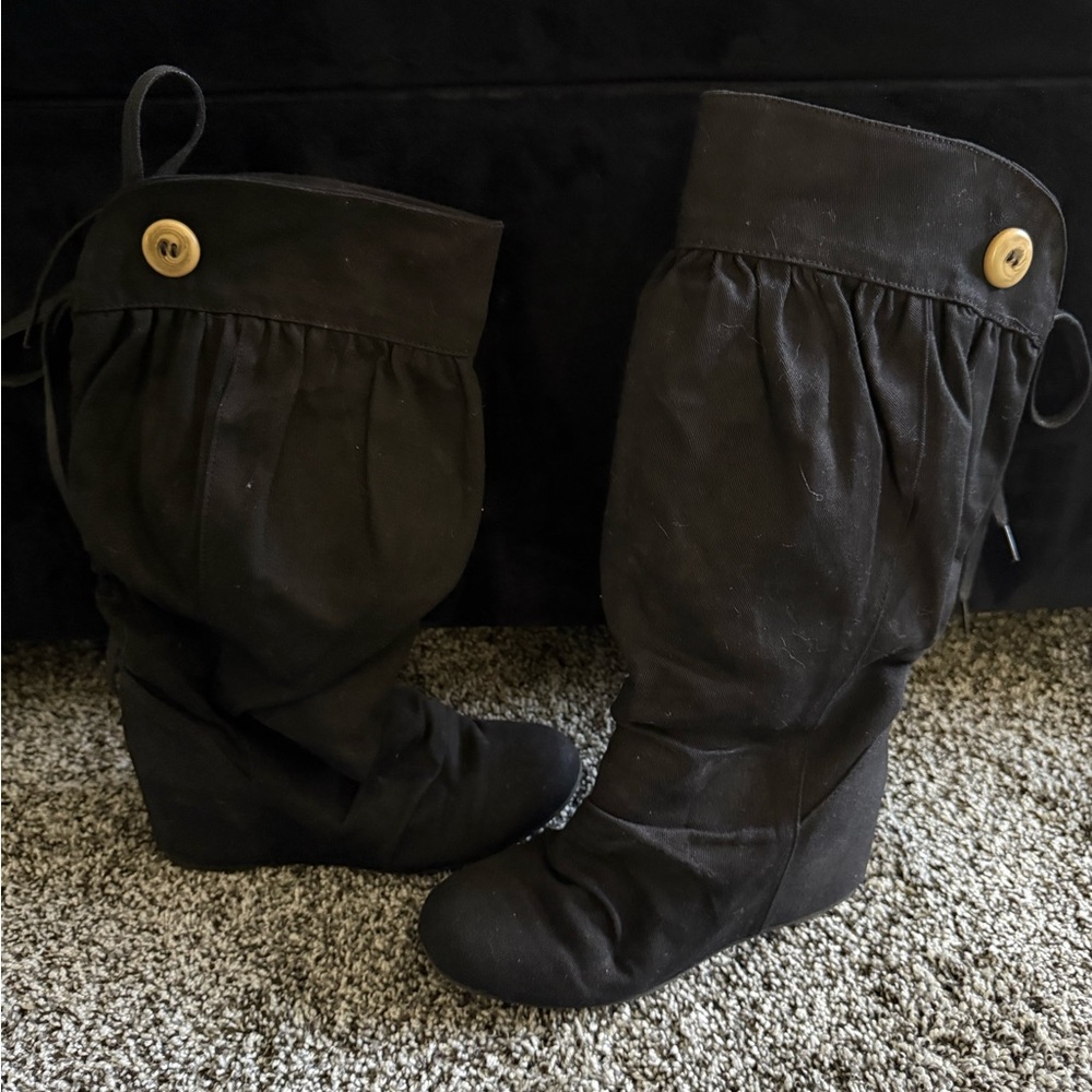 Aldo Black Wedge Boots with Button Detail